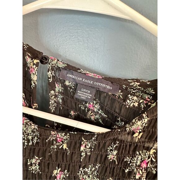 American Eagle Floral Bell Sleeve Boho Blouse Black Size Small - Picture 2 of 7